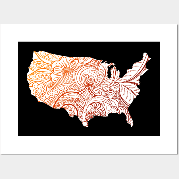 Colorful mandala art map of the United States of America in brown and orange on white background Wall Art by Happy Citizen